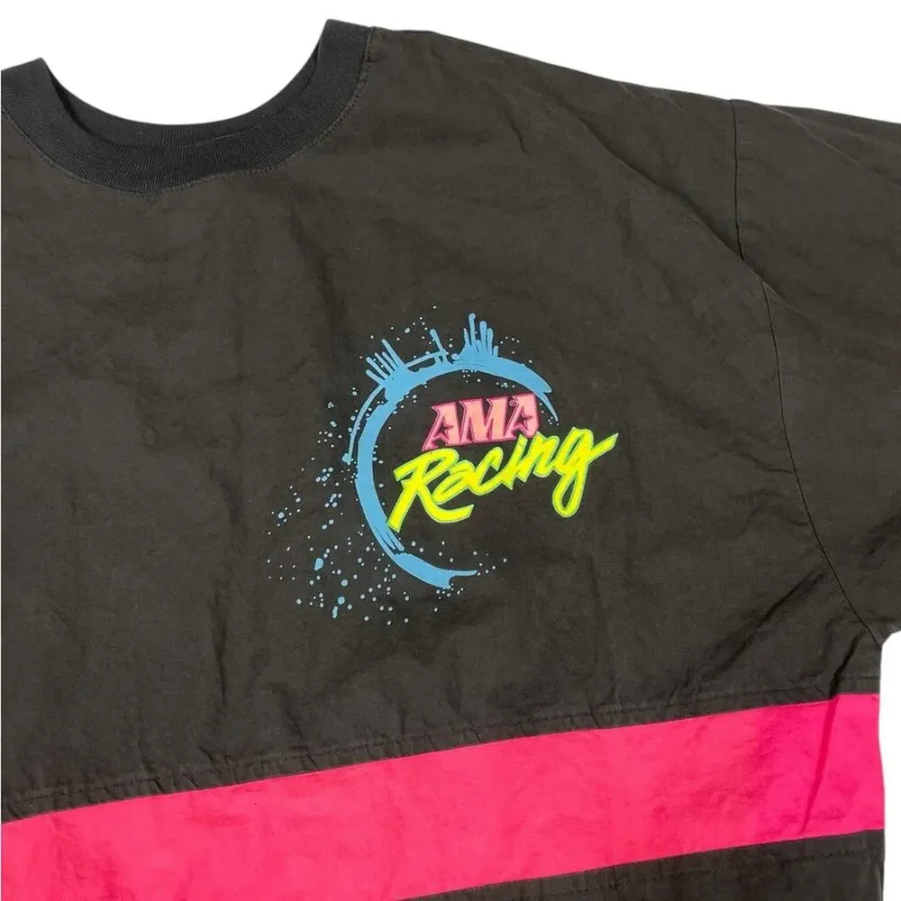 Vintage Men's Black retro AMA racing windbreaker with Pink Green neon Stripes